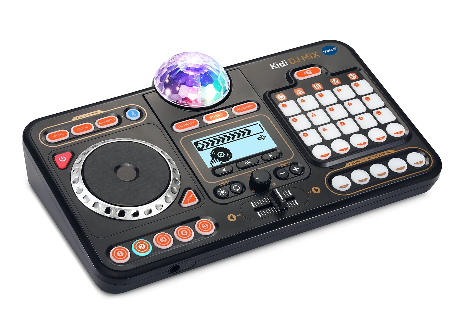 VTech Kidi DJ Mix toy DJ mixer for kids in black with lights, effects, 15 tracks, and 4 music styles, educational and interactive.