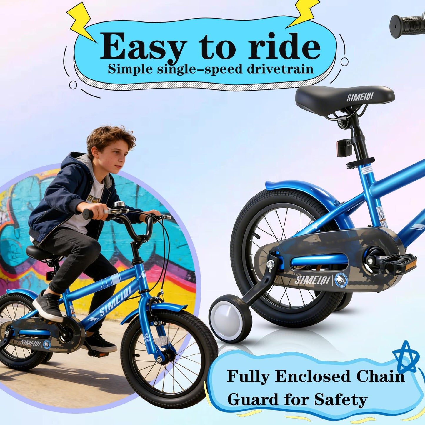 SIMEIQI kids bike for ages 3-9 with stabilisers, kickstand, dual handbrakes, and adjustable seat in vibrant colors.