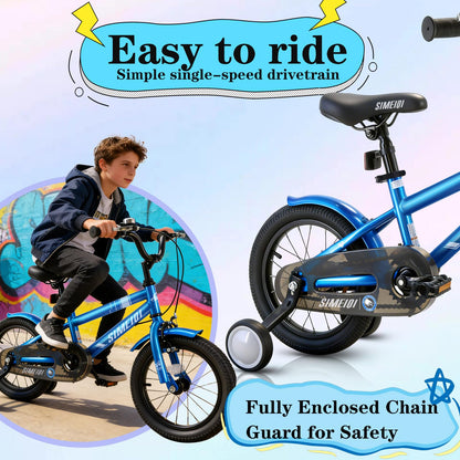 SIMEIQI kids bike for ages 3-9 with stabilisers, kickstand, dual handbrakes, and adjustable seat in vibrant colors.