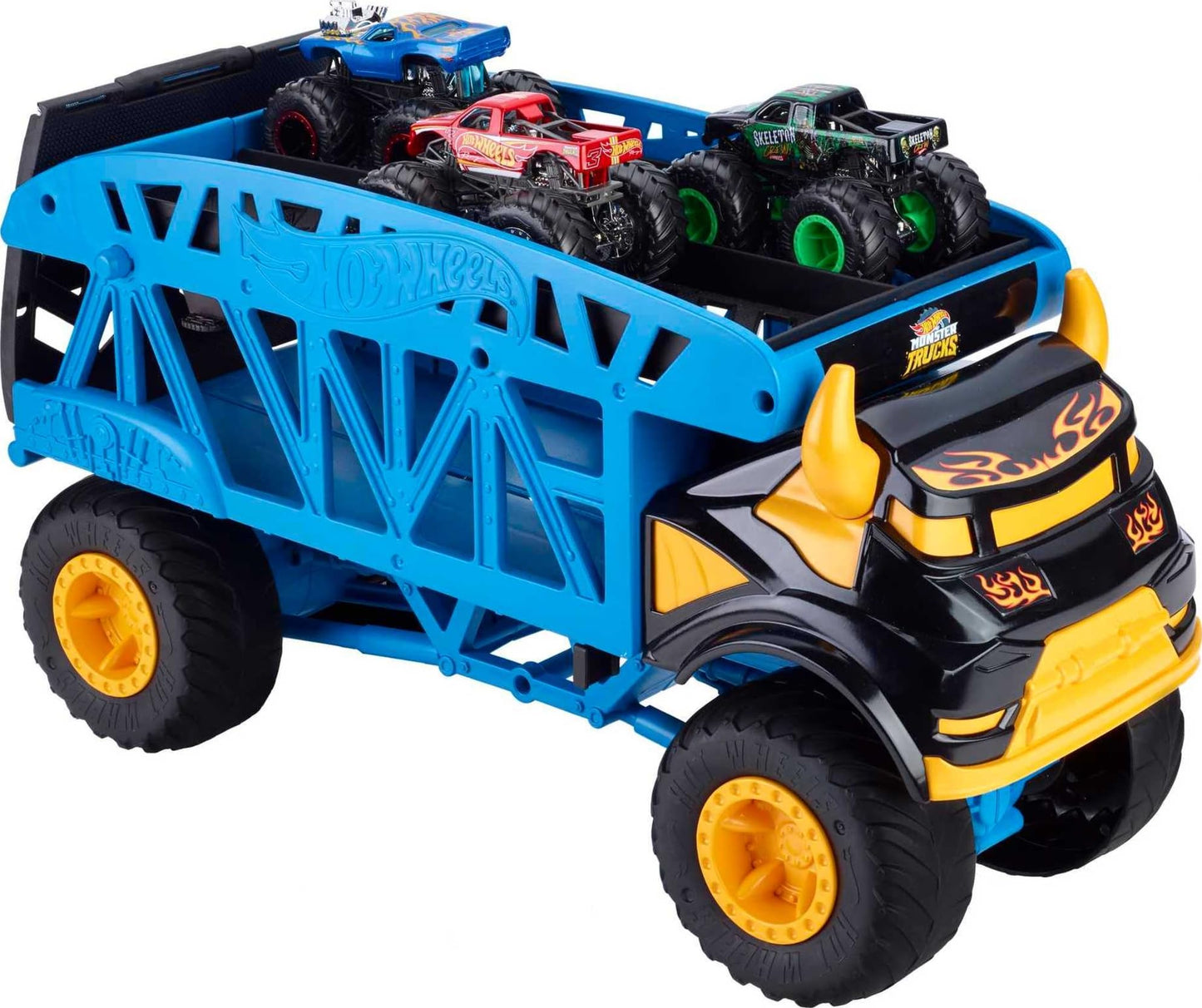 Hot Wheels Monster Trucks set featuring three multicoloured cars in an action-packed display.