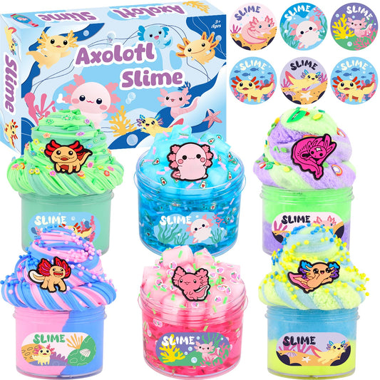 Six-pack of Axolotl slime kits with blue butter cloud dough and crystal slime, perfect for kids' party favors and birthday gifts.