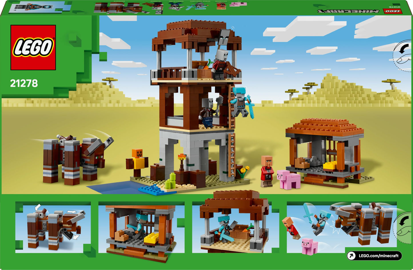 LEGO Minecraft The Pillager Outpost and Ravager Toy - incl. a Posable Figure with a Snapping Jaw Function, and a Village Fortress - Gaming Gift for 9+ Year Old Boys & Girls - 21278