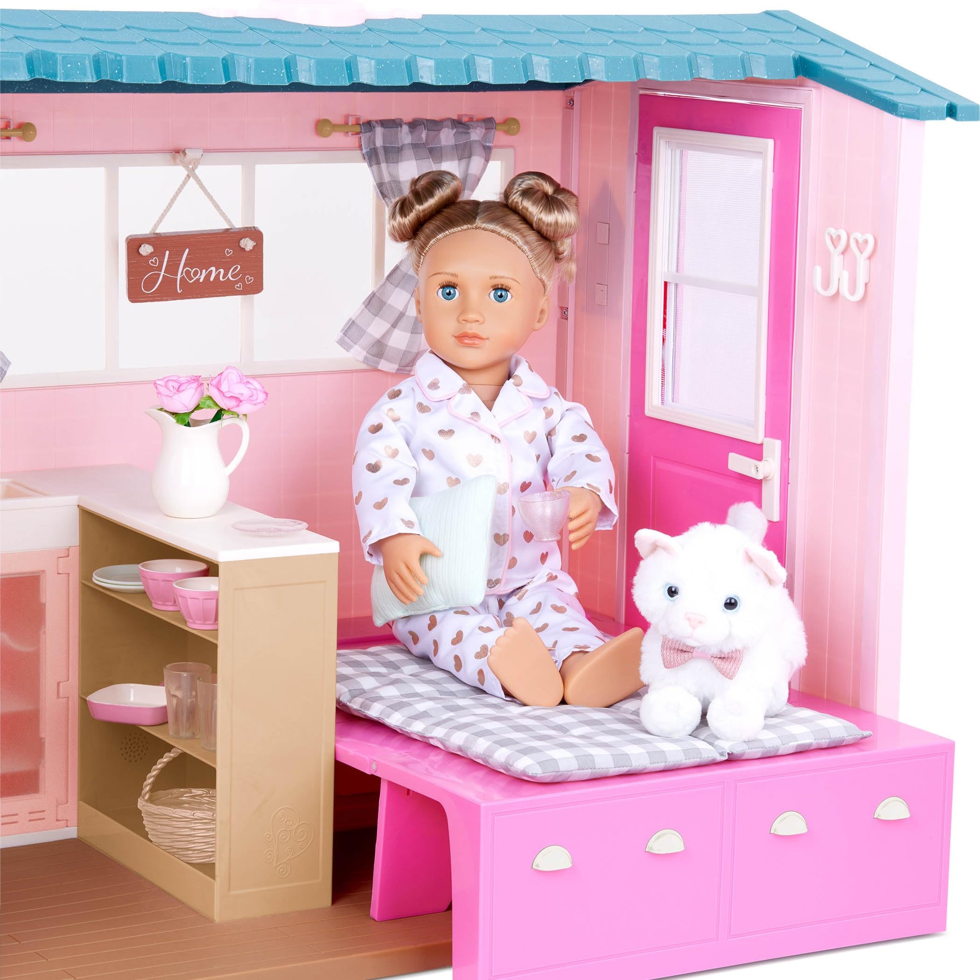 Our Generation dollhouse playset featuring furniture, play food, and animal sounds for 18-inch dolls in a country house setting.