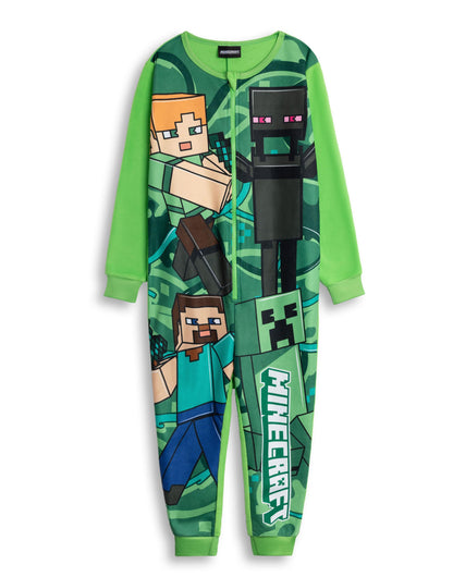Minecraft Creeper Boys Green Zip-Up Onesie | Long Sleeve Microfleece Sleepwear with Steve & Enderman Print | Kids Gamer Nightwear | Ideal for Bedtime & Lounging Merch - 9-10 Years