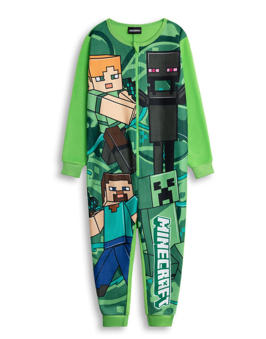 Minecraft Creeper Boys Green Zip-Up Onesie | Long Sleeve Microfleece Sleepwear with Steve & Enderman Print | Kids Gamer Nightwear | Ideal for Bedtime & Lounging Merch - 9-10 Years
