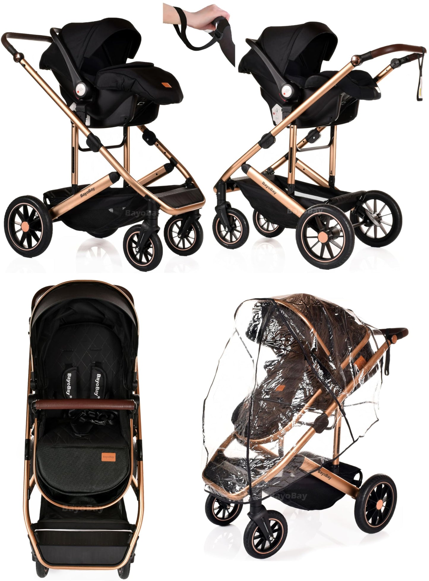 3 in 1 Travel System Baby Pram Buggy with Car Seat Pushchair Carriage Child Lightweight Folding Stroller for Newborns Toddlers from Birth up to 22kg New 2025 Style (BB1 - Black Gold, BB1)
