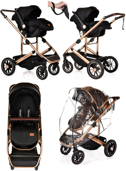 3 in 1 Travel System Baby Pram Buggy with Car Seat Pushchair Carriage Child Lightweight Folding Stroller for Newborns Toddlers from Birth up to 22kg New 2025 Style (BB1 - Black Gold, BB1)