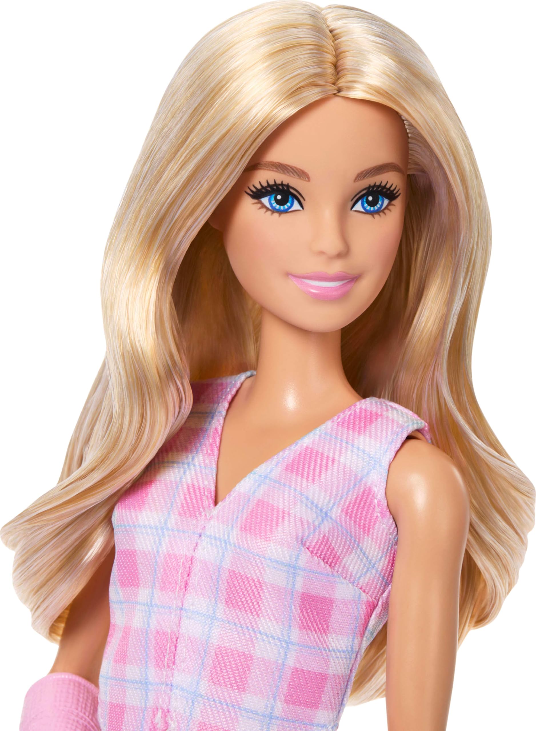 Barbie Fashionistas Doll #243 with blonde hair, pink arm cast, plaid top, skirt, and pink loafers.