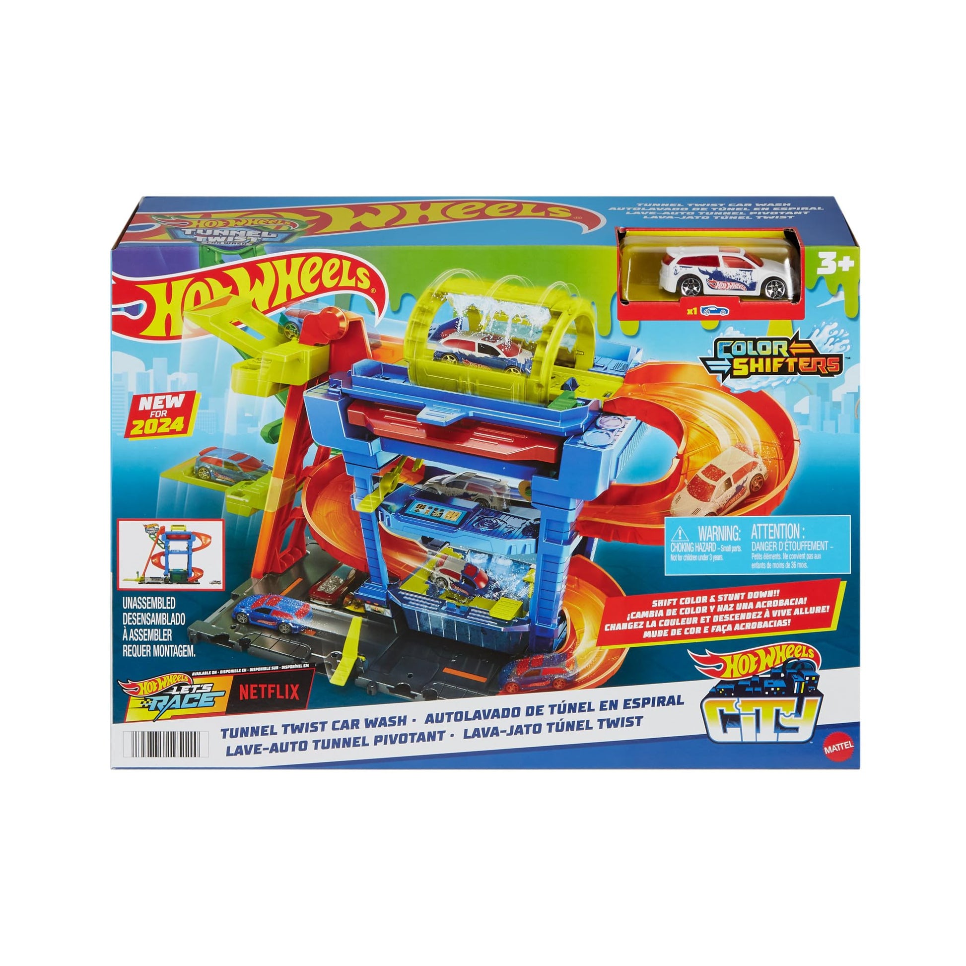 Hot Wheels Let's Race City Toy Car Track Set featuring Tunnel Twist Car Wash and Color Shifters Vehicle in 1:64 scale.