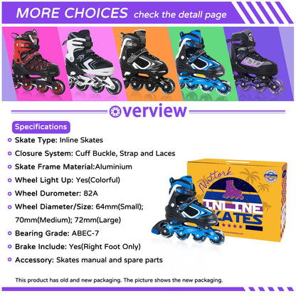 Nattork Blade Roller Skates for boys with illuminated blue wheels, outdoor and indoor inline skates for kids ages 5-10, beginner-friendly