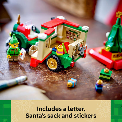 LEGO Santa's Delivery Truck toy with a colorful model, Christmas tree, presents, and festive decorations for kids.