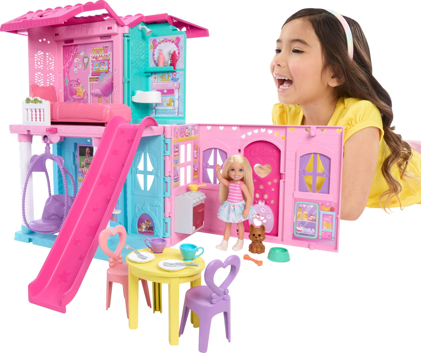 Barbie Chelsea Toy Dollhouse with 15+ Accessories, Pop-Up House Expands to 17+ x 13+ inches with 5 Play Areas & Slide, Includes Small Doll & Pet Dog, JFW49