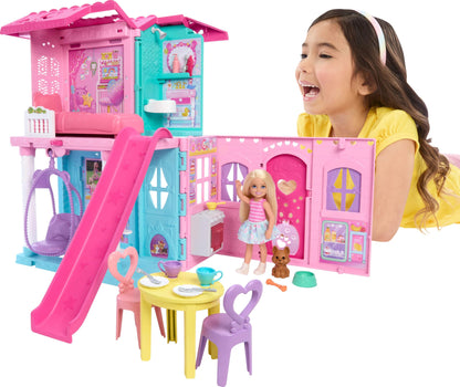 Barbie Chelsea Toy Dollhouse with 15+ Accessories, Pop-Up House Expands to 17+ x 13+ inches with 5 Play Areas & Slide, Includes Small Doll & Pet Dog, JFW49