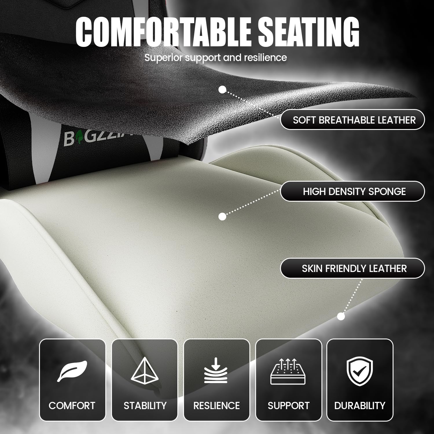 bigzzia white ergonomic gaming and office desk chair with cushioned seat, recline back support, and swivel heavy-duty design