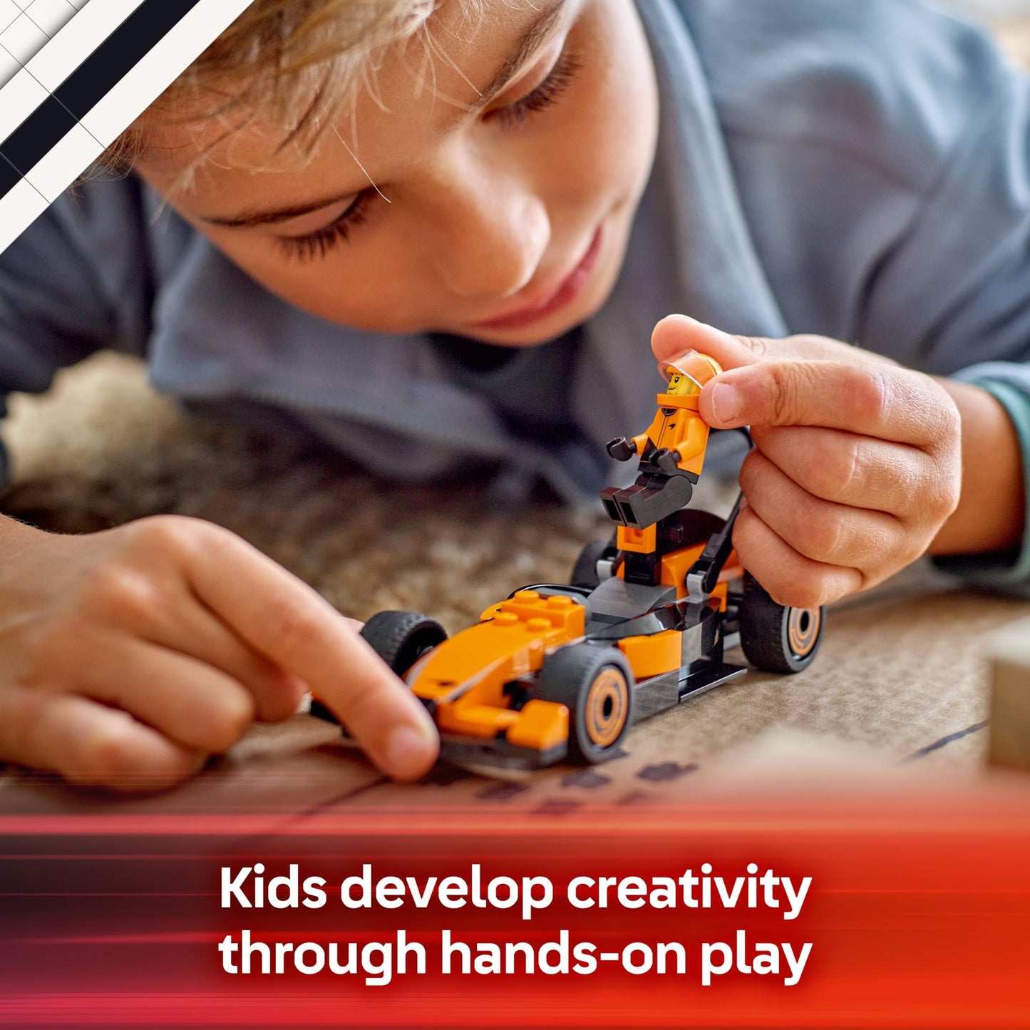 LEGO City F1 driver minifigure with McLaren race car building toy, perfect for motorsport fans and kids aged 6+.