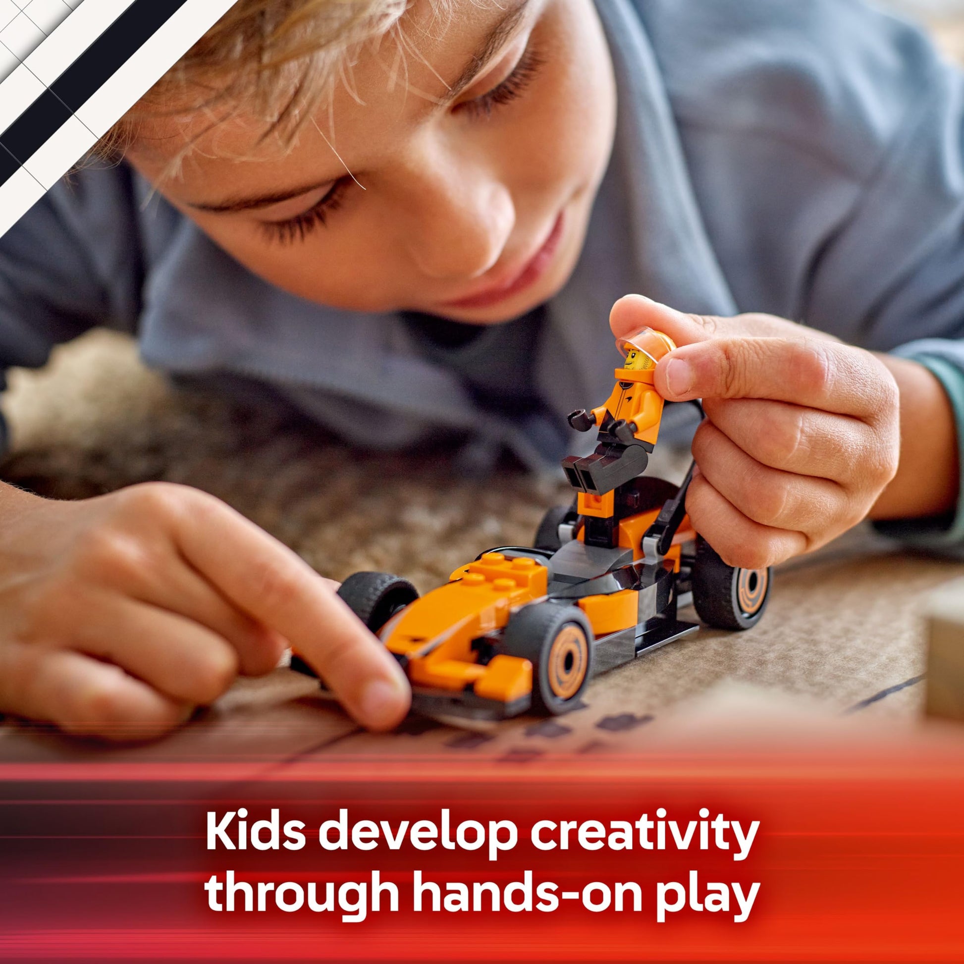 LEGO City F1 driver minifigure with McLaren race car building toy, perfect for motorsport fans and kids aged 6+.