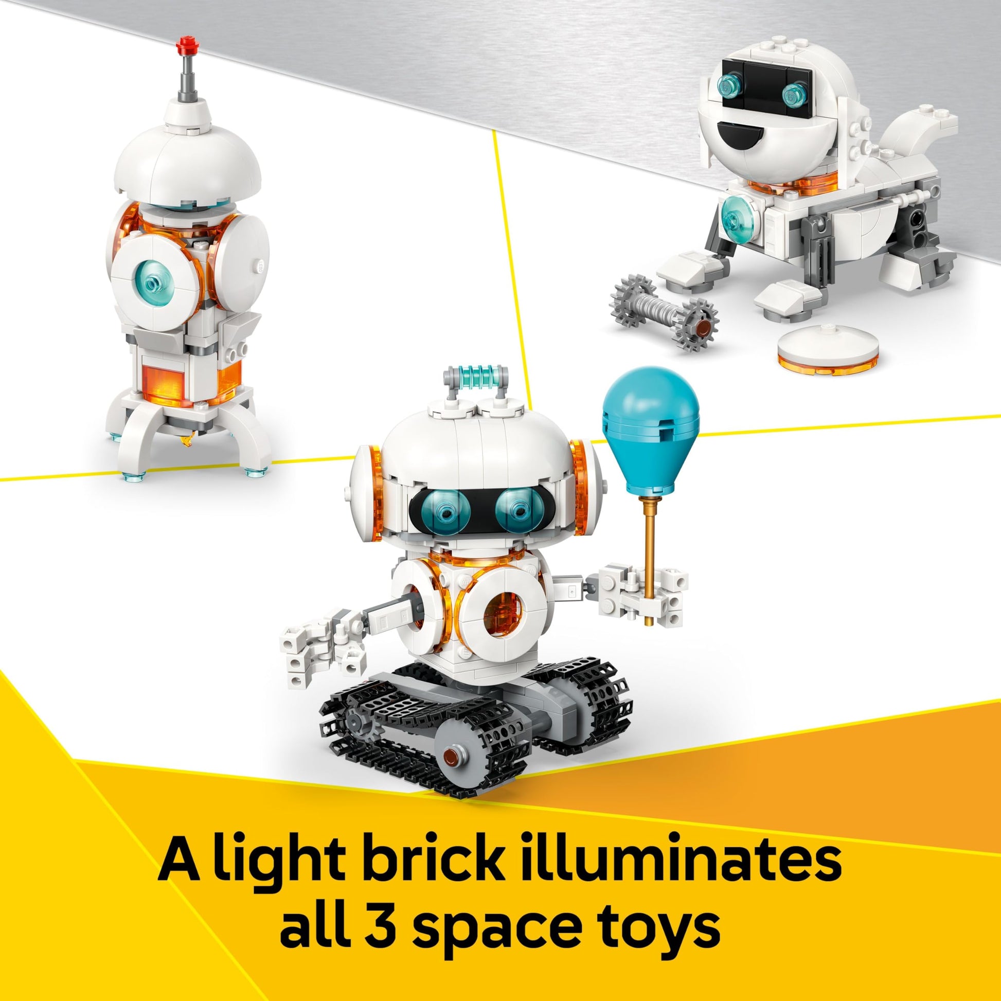 LEGO Creator 3in1 Space Robot Toy, building set showing robot, dog figure, and rocket model for imaginative play.