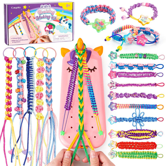 Caydo 2-in-1 friendship bracelet and keychain making kit for girls with colorful strings and crafting tools for DIY jewelry projects.