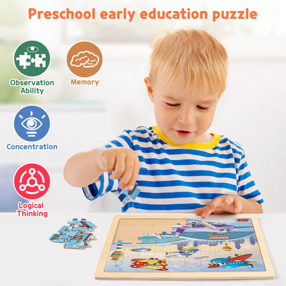 SYNARRY Wooden Vehicle Puzzles for Kids 3 4 5 6 7 8 Year Olds, 6 Packs 60 Piece Children’s Jigsaw Puzzles, Preschool Educational Toys Game Gifts for Toddlers Ages 4-8
