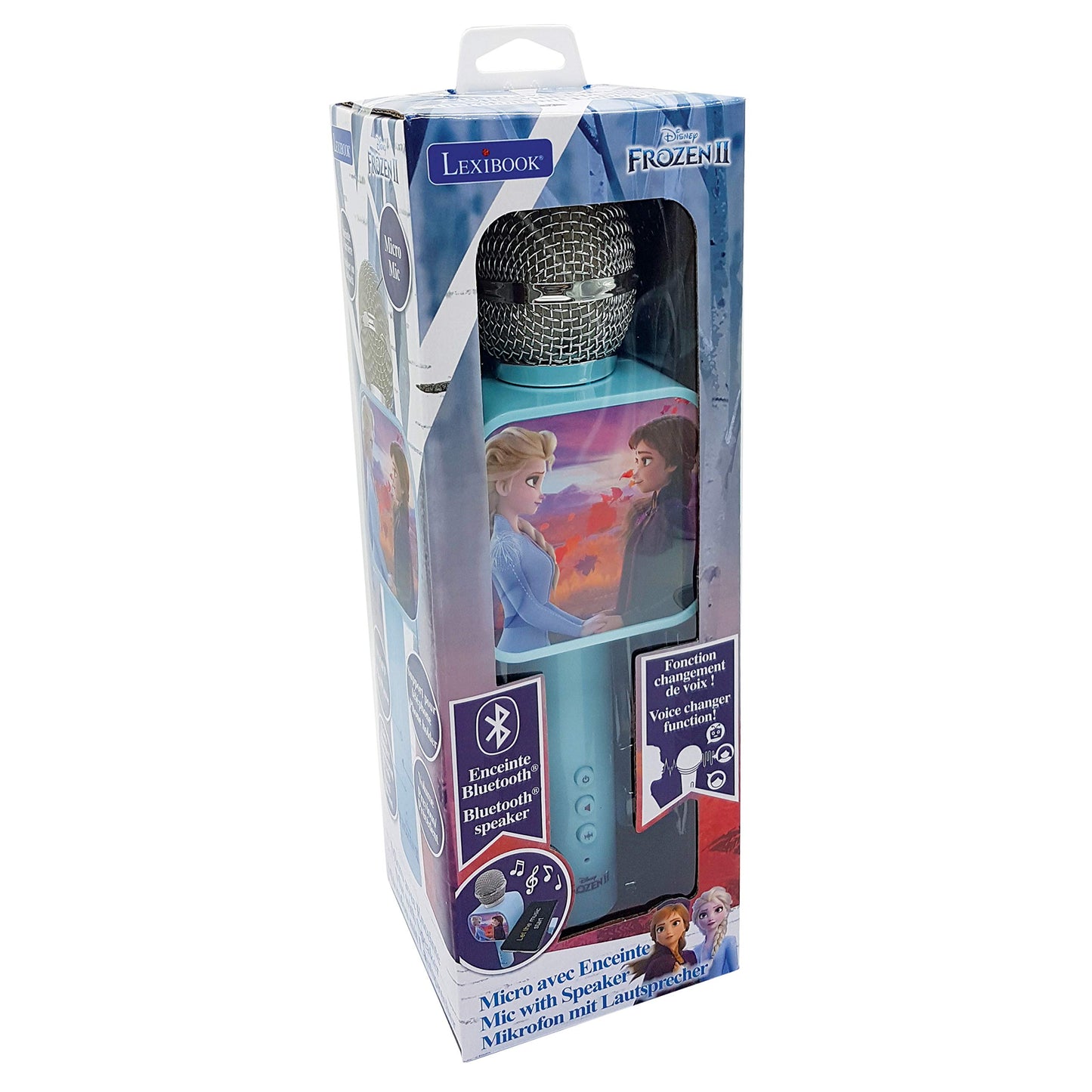 Blue LEXIBOOK Frozen Bluetooth microphone with voice changer, built-in speaker and phone holder, ideal for fun singing and recording.