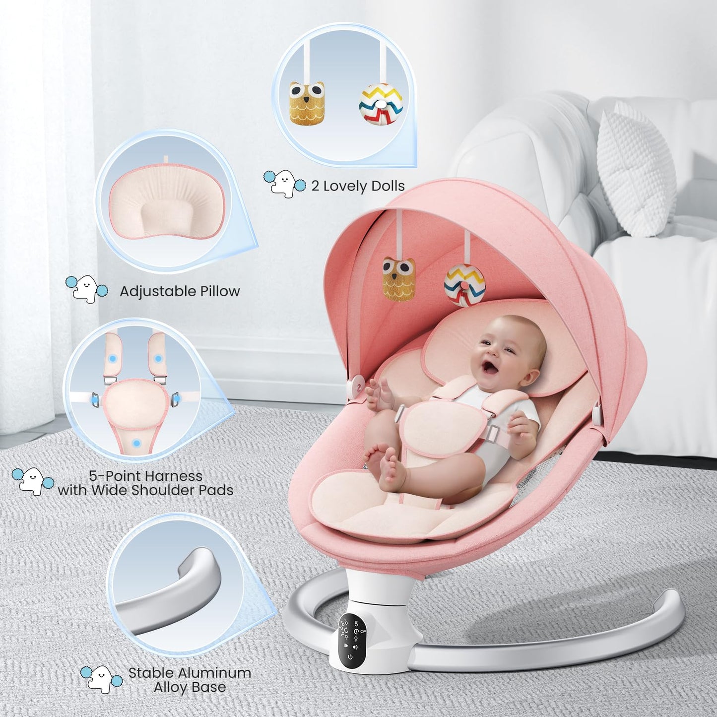Aoykkii Electric Baby Bouncer Chair with Mobile App Control,Remote Control and IMD Touch Panel,Electric Baby Swing with 5 Swing Amplitudes 3-Stage Timer,Soft Padded Lamb Newborn Bouncer (Pink)