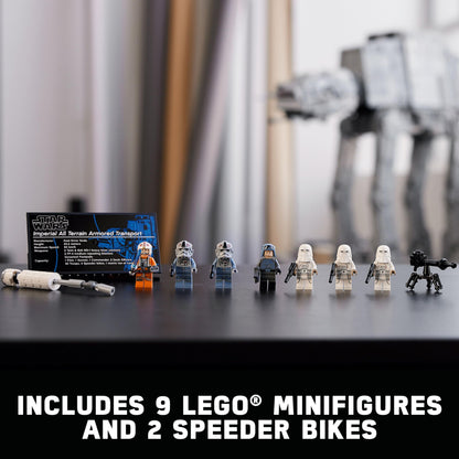 LEGO Star Wars AT-AT Walker 75313 model with 9 minifigures, including General Veers and Luke Skywalker, in detailed build.