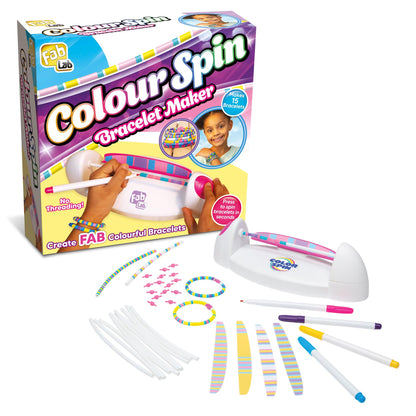 FabLab Colour Spin Bracelet Maker kit for kids showing colorful bracelets created with the no-threading jewelry making set.
