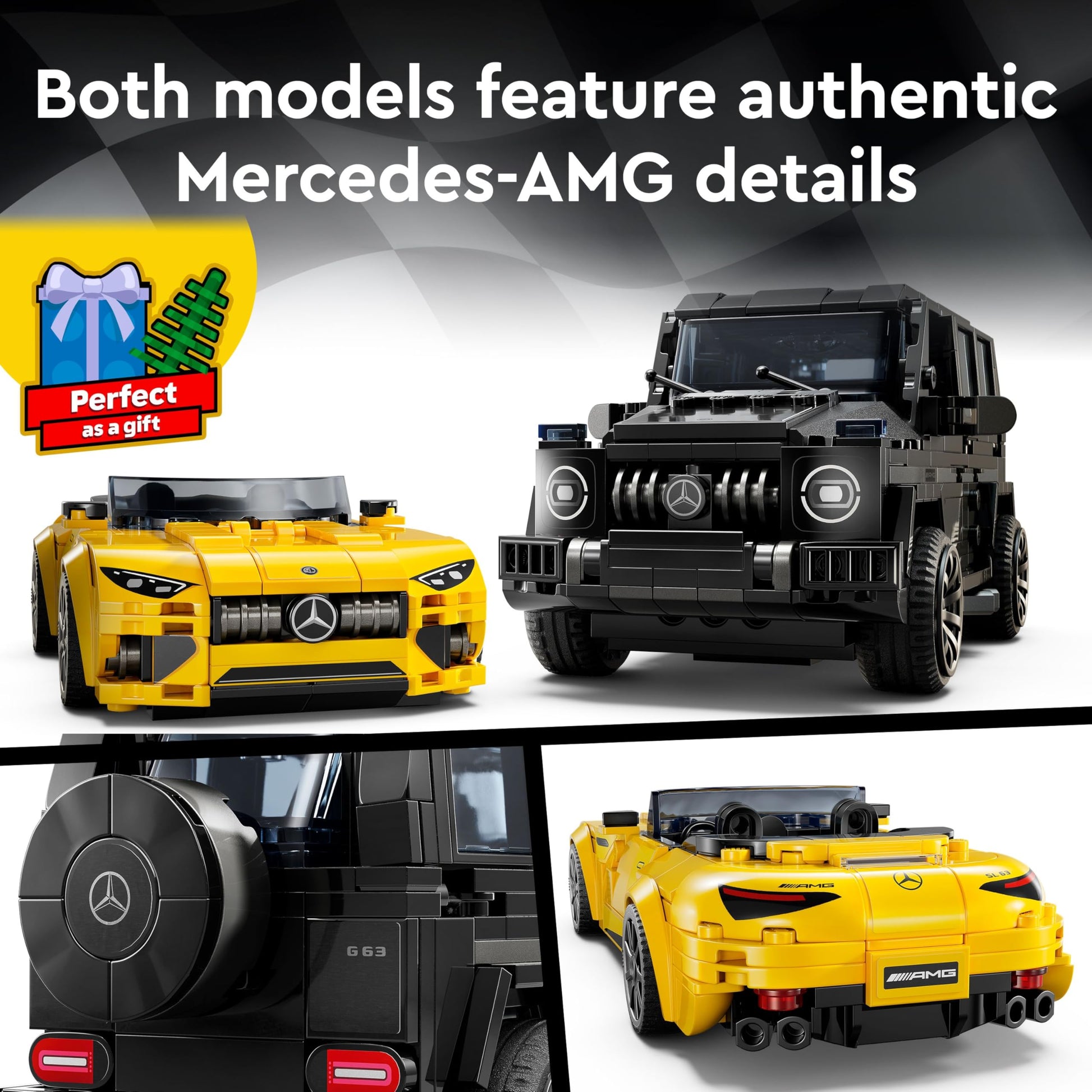 LEGO Speed Champions Mercedes-AMG G 63 and SL 63 car toys with two driver minifigures in a colorful vehicle playset.