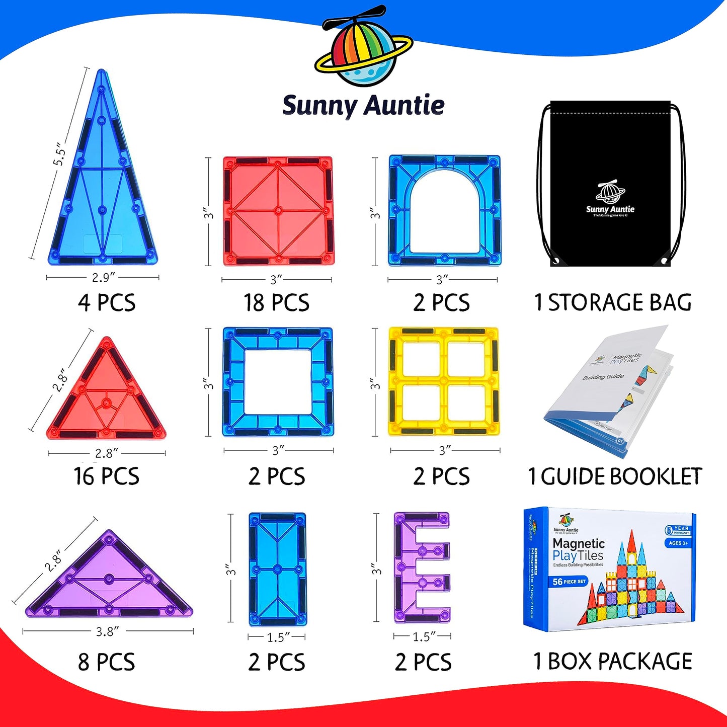 SUNNY AUNTIE Magnetic Tiles 56 PCS, Toy for 3 4 5 6 Year Old Boys Girls Kids & Toddlers, Magnetic Blocks Building Set for kids, STEM Educational Building Toy, Great Gift for Kids Aged 3-8
