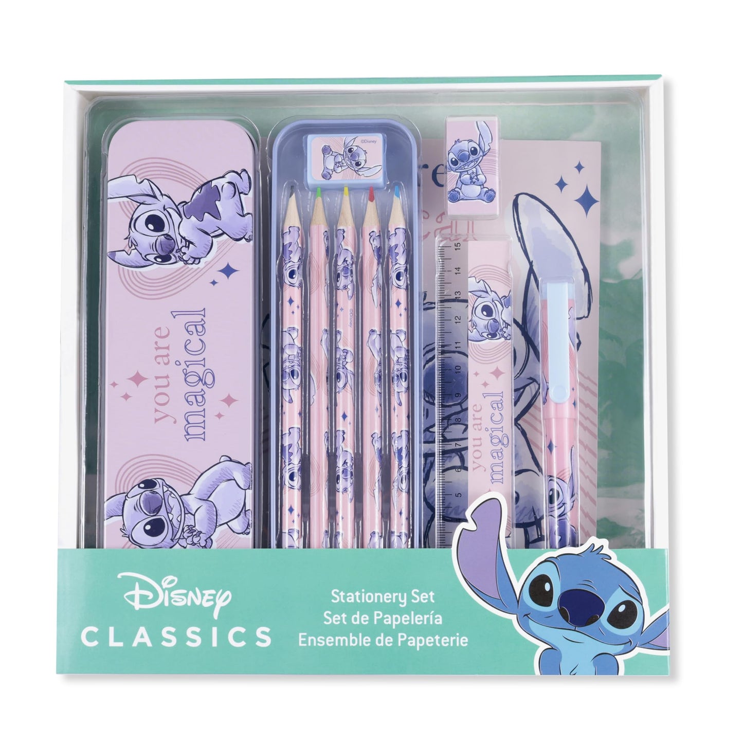 Disney Kids Lilo & Stitch pencil case with coloring pencils, featuring fun stationery art supplies for children.