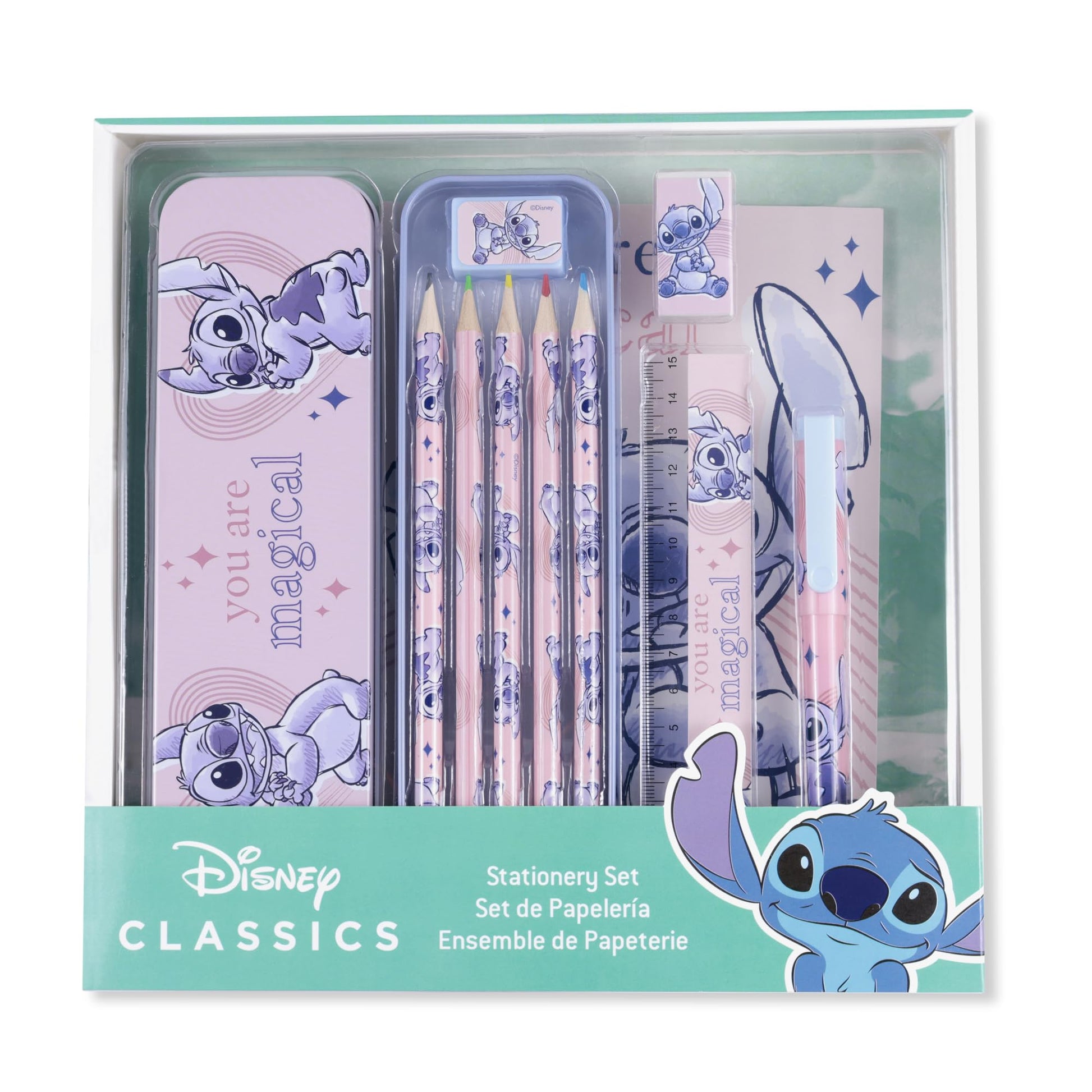 Disney Kids Lilo & Stitch pencil case with coloring pencils, featuring fun stationery art supplies for children.