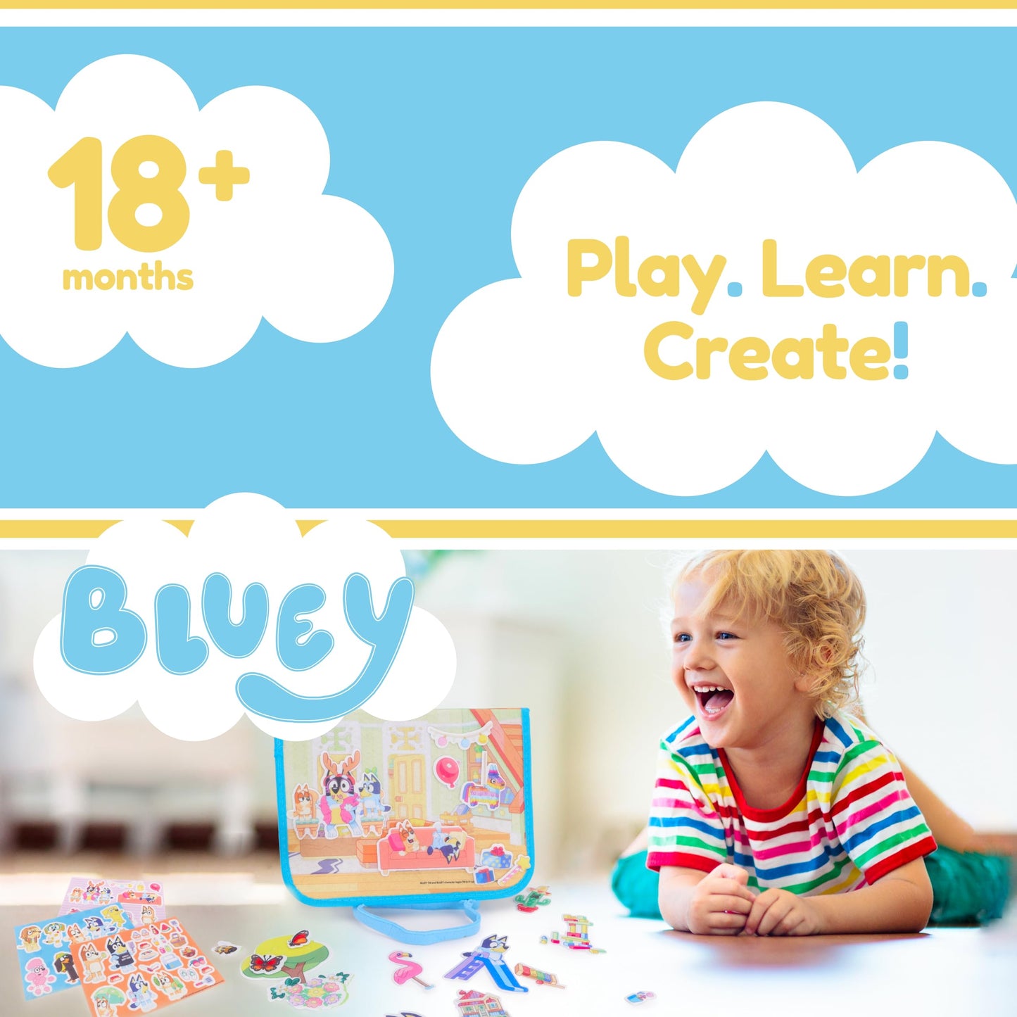 Toyland® 96 Piece Bluey Felt Activity Set - Portable Carry Case with 2 Scene Backgrounds - 95 Charcters & Props - Mess Free Imaginative Play Toys - Age 18 Months +