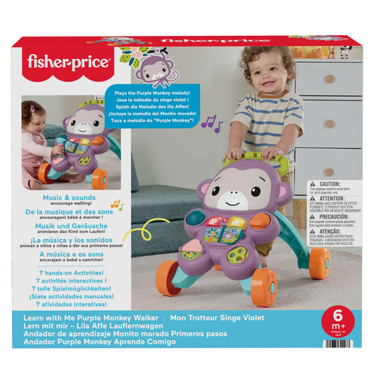 Fisher-Price Baby Walker with purple monkey toy, music, lights, and activity buttons for infants and toddlers ages 6+ months.