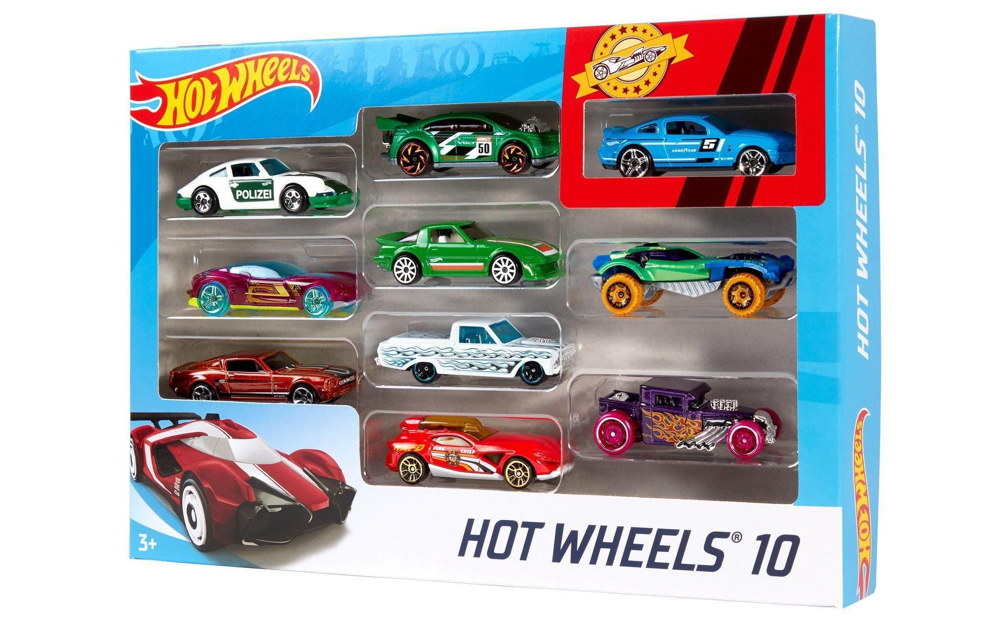 Hot Wheels set of 20 assorted scale cars and trucks, featuring race, sport, and rescue vehicles for play or display.
