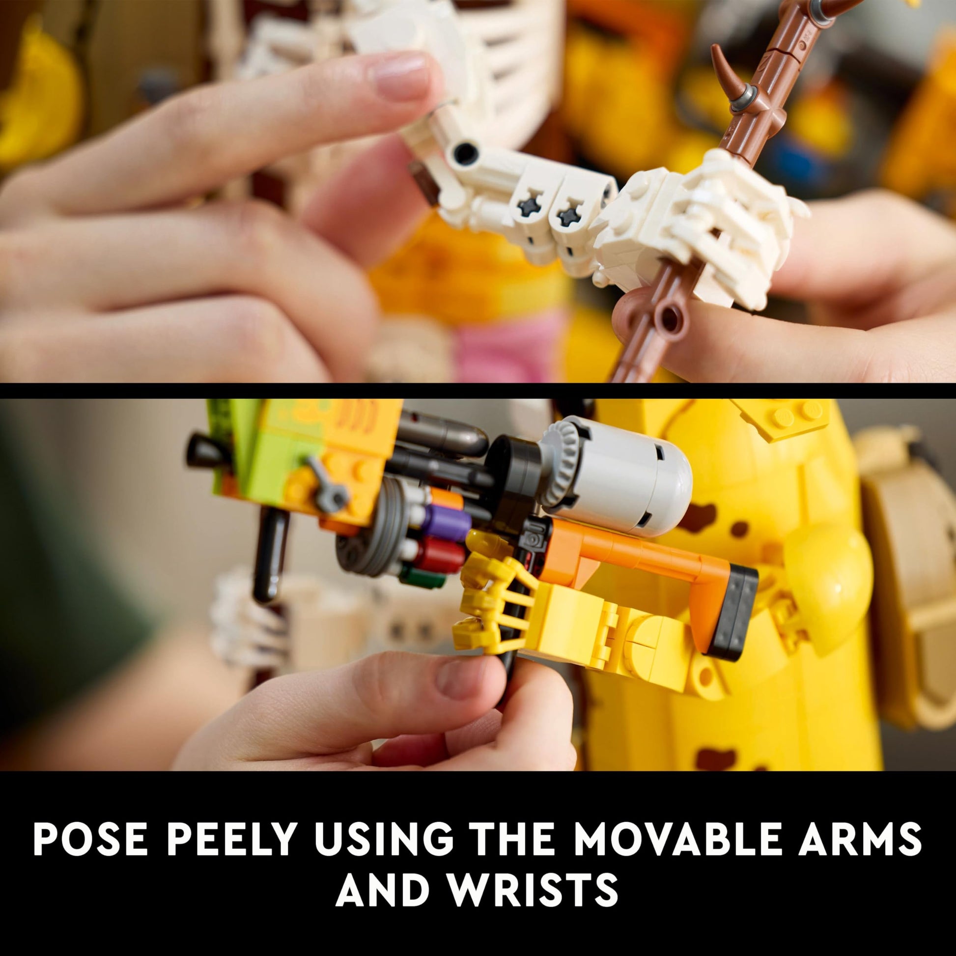LEGO Fortnite Peely Bone collectible figure with paint launcher and Peely pickaxe, ideal for gaming fans and decor.