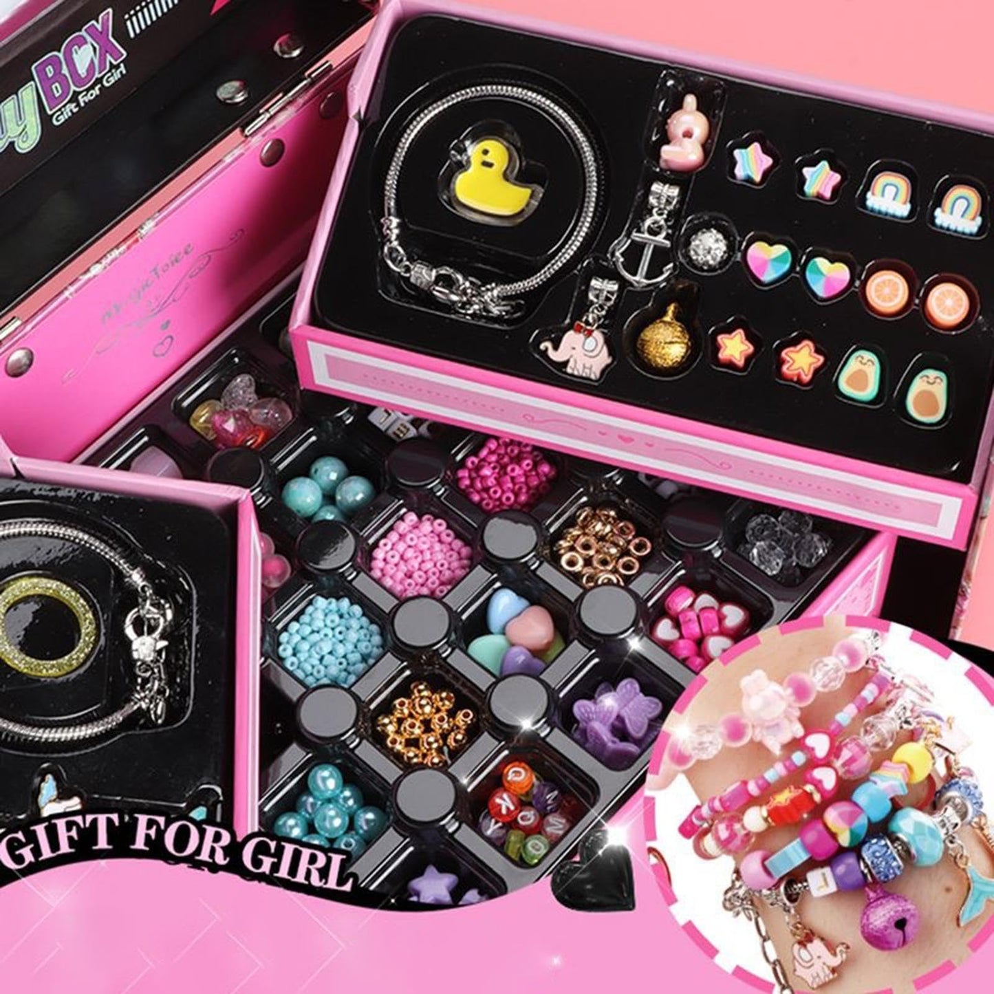 Jewellery Making Kit Kids, Jewelry Box Bracelet Making Kit Favors for Girls, D-IY Handmade Jewelry Maker Set Christmas Toy for Making Bracelets, Earrings and Necklaces