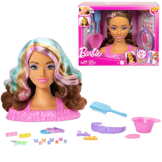 Barbie doll styling head with dark brown hair and colorful star and butterfly hair clips for creative hairstyles.