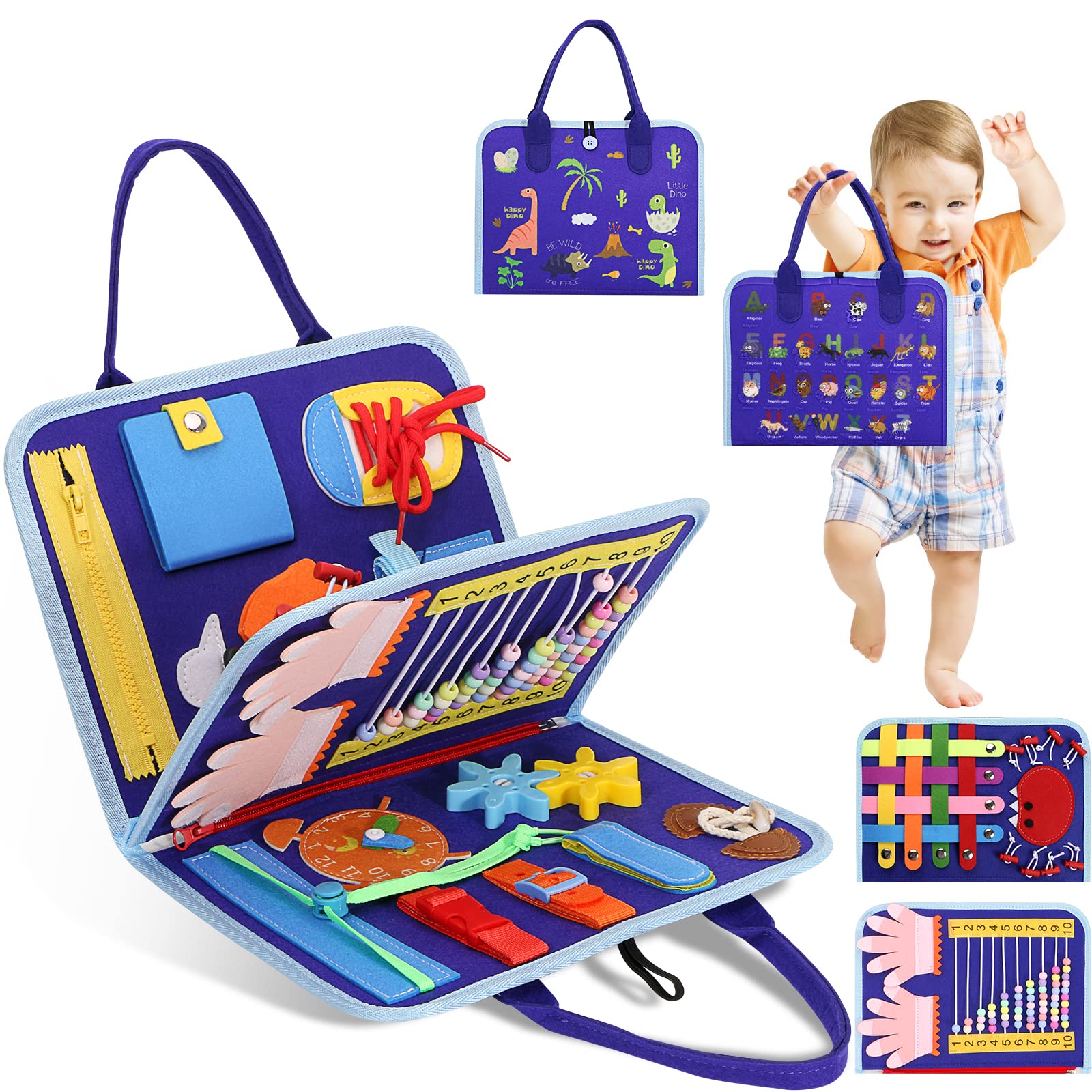 TuDou Montessori sensory busy board with colorful activities for toddlers, fine motor skills, travel toy for preschool kids, autism-friendly