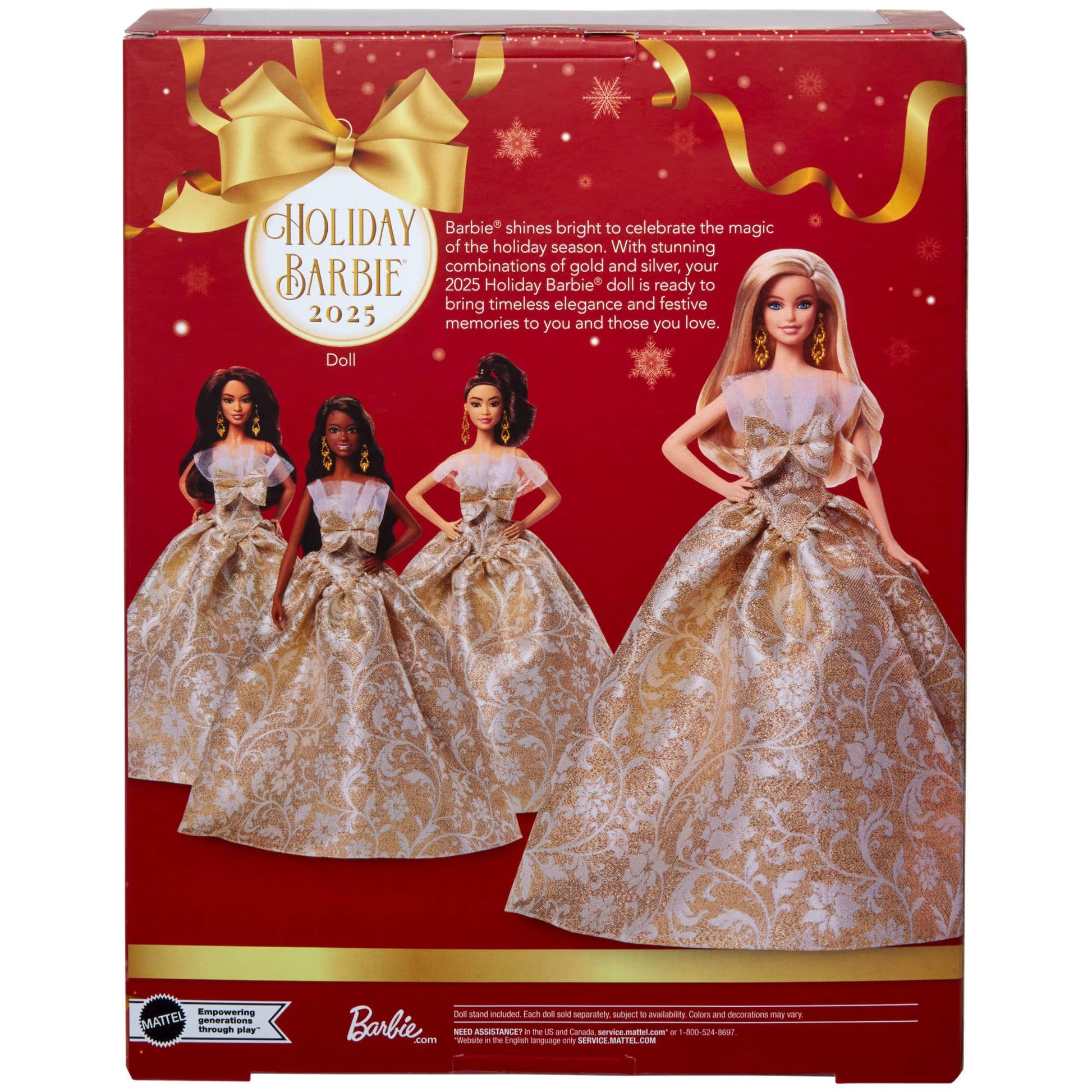 Barbie Signature 2025 Holiday Blonde Fashion Doll in silver and gold gown, displayed in packaging with stand, collectible seasonal doll
