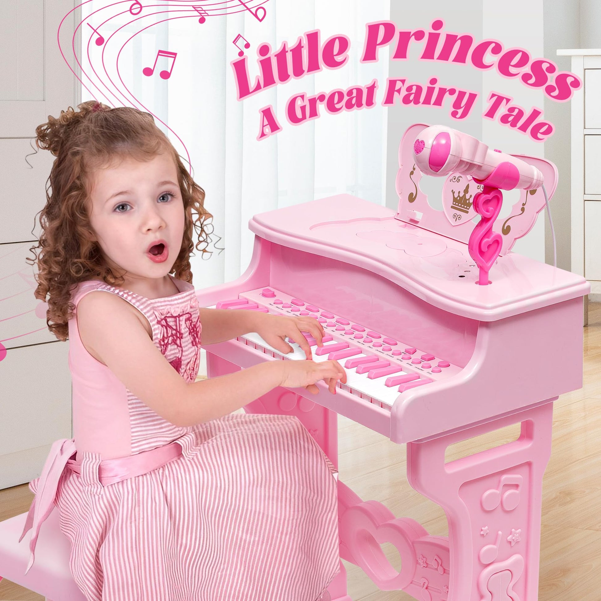 Kids pink 37-key mini piano keyboard by NUKied with detachable legs, stool, microphone, ideal for toddlers and beginners.