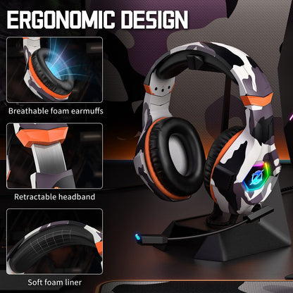 Ozeino Gaming Headset for PS4 PS5 PC, Over-Ear Headphones with Surround Sound & RGB Light for Xbox Switch Mac Laptop