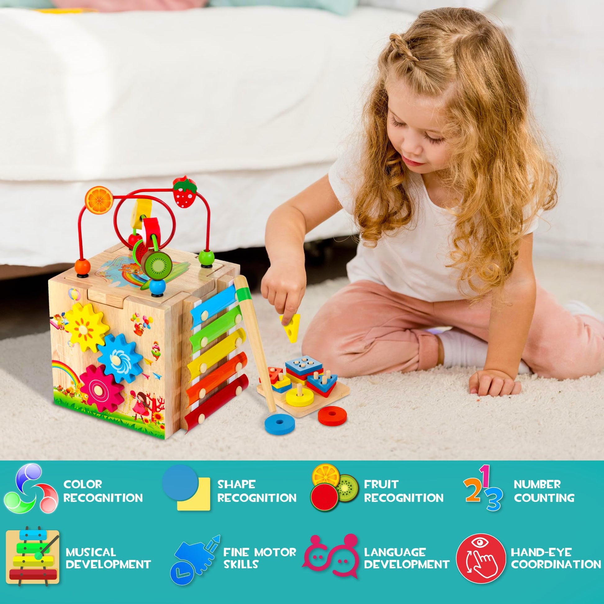 HELLOWOOD wooden activity cube for babies with bead maze, shape sorter, xylophone, abacus, clock, and learning activities for 1-3 years old