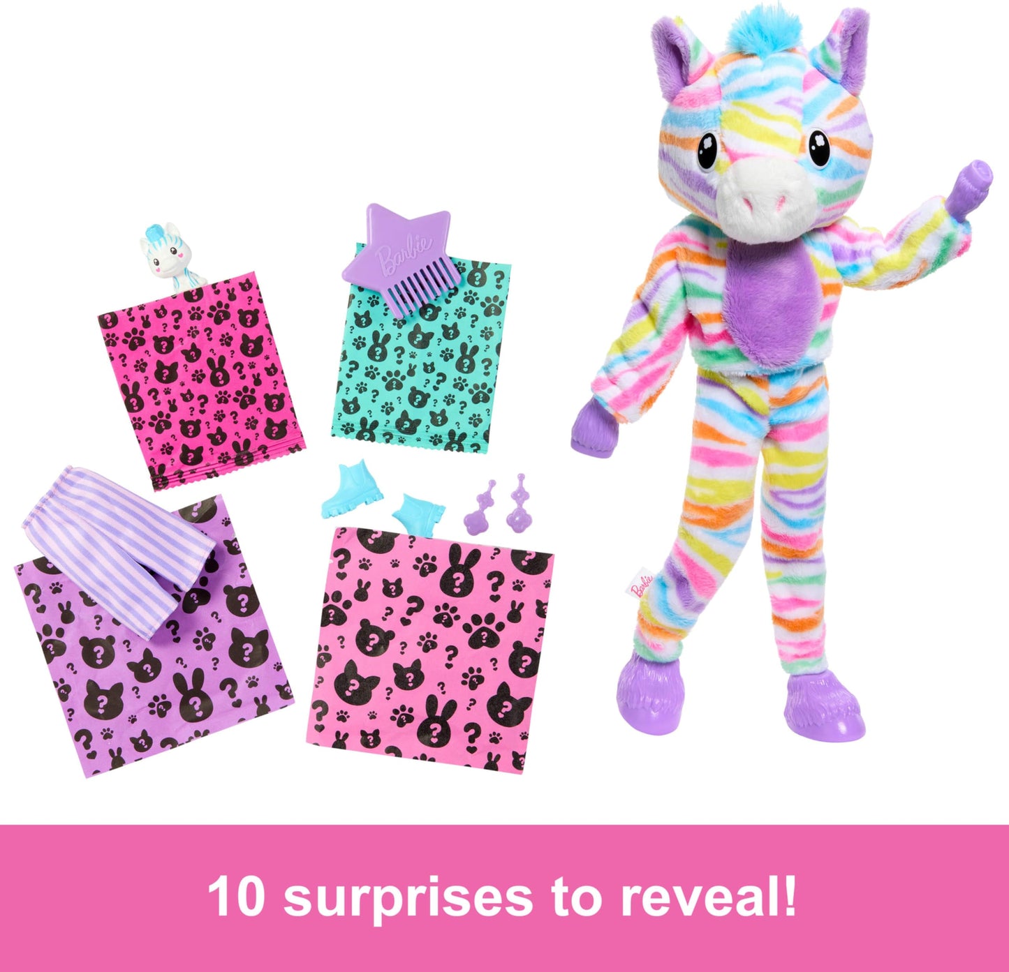 Barbie Cutie Reveal Doll with rainbow zebra plush costume and accessories, featuring 10 surprises including color change effects.