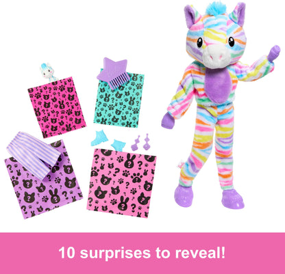 Barbie Cutie Reveal Doll with rainbow zebra plush costume and accessories, featuring 10 surprises including color change effects.