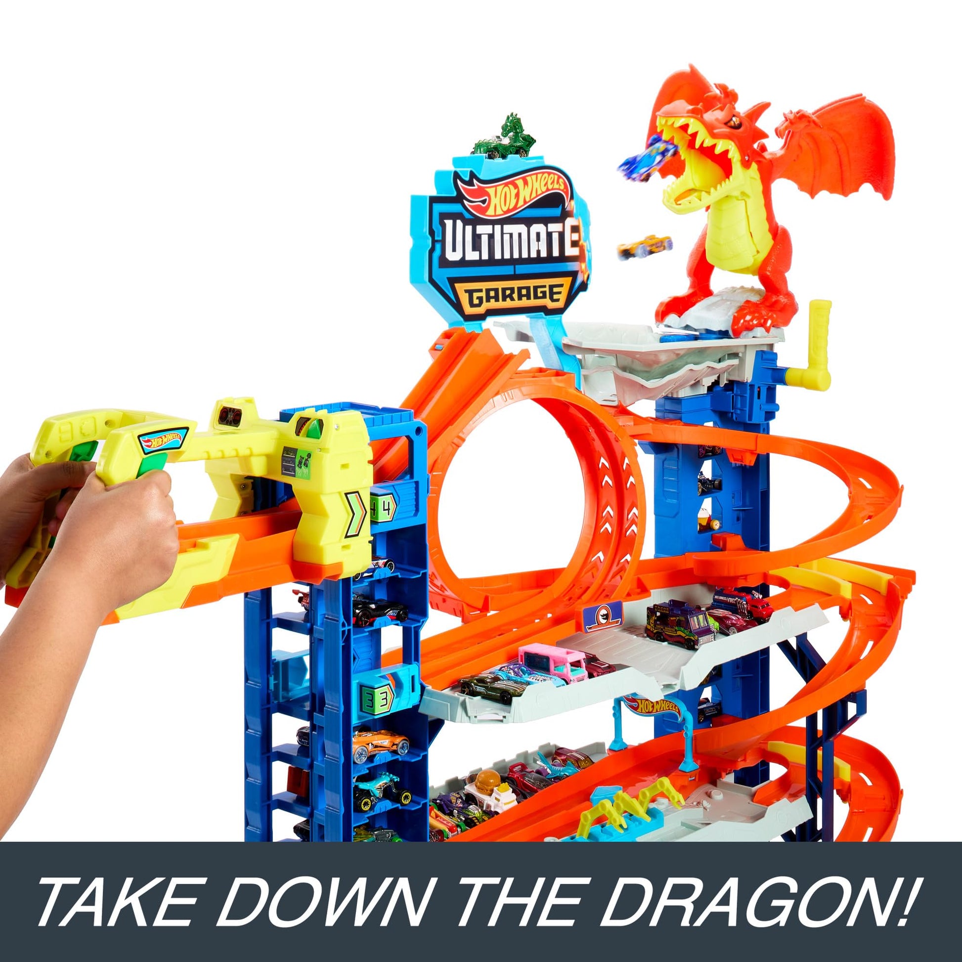 Hot Wheels Let's Race City Ultimate Garage Playset with 4 levels of track and 2 die-cast cars, featuring a dragon.