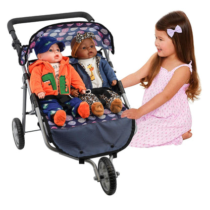 The Magic Toy Shop BiBi Doll Blue Twin Stroller, Ideal Twin Dolls Prams and Pushchairs - Adjustable Canopy and Handle, Under Storage Space, Collapsible - Dolls Double Buggy Toy Pram Double Dolls Pram