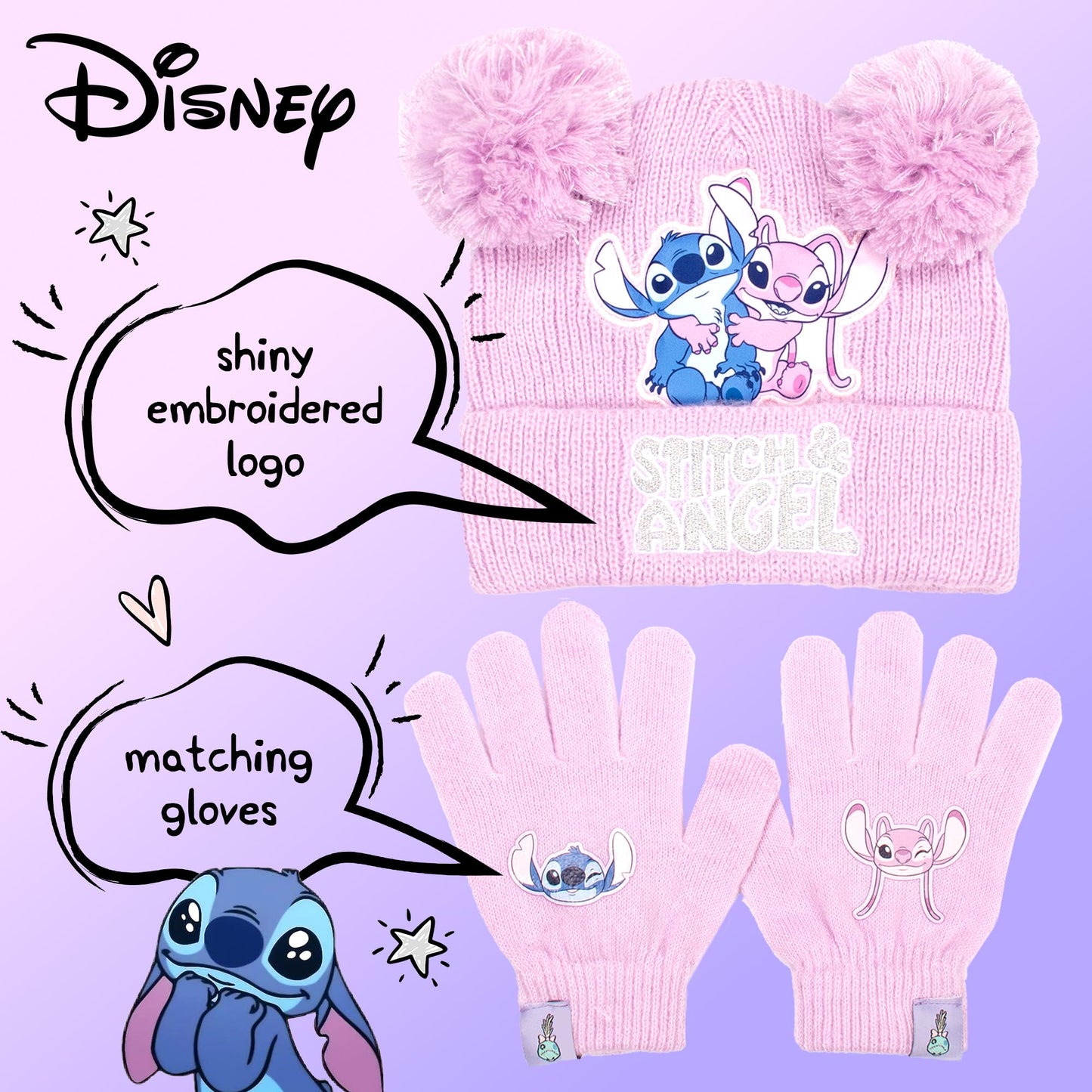 Disney Lilo & Stitch winter hat and gloves set for girls, cozy beanie and gloves perfect for kids aged 6-12.