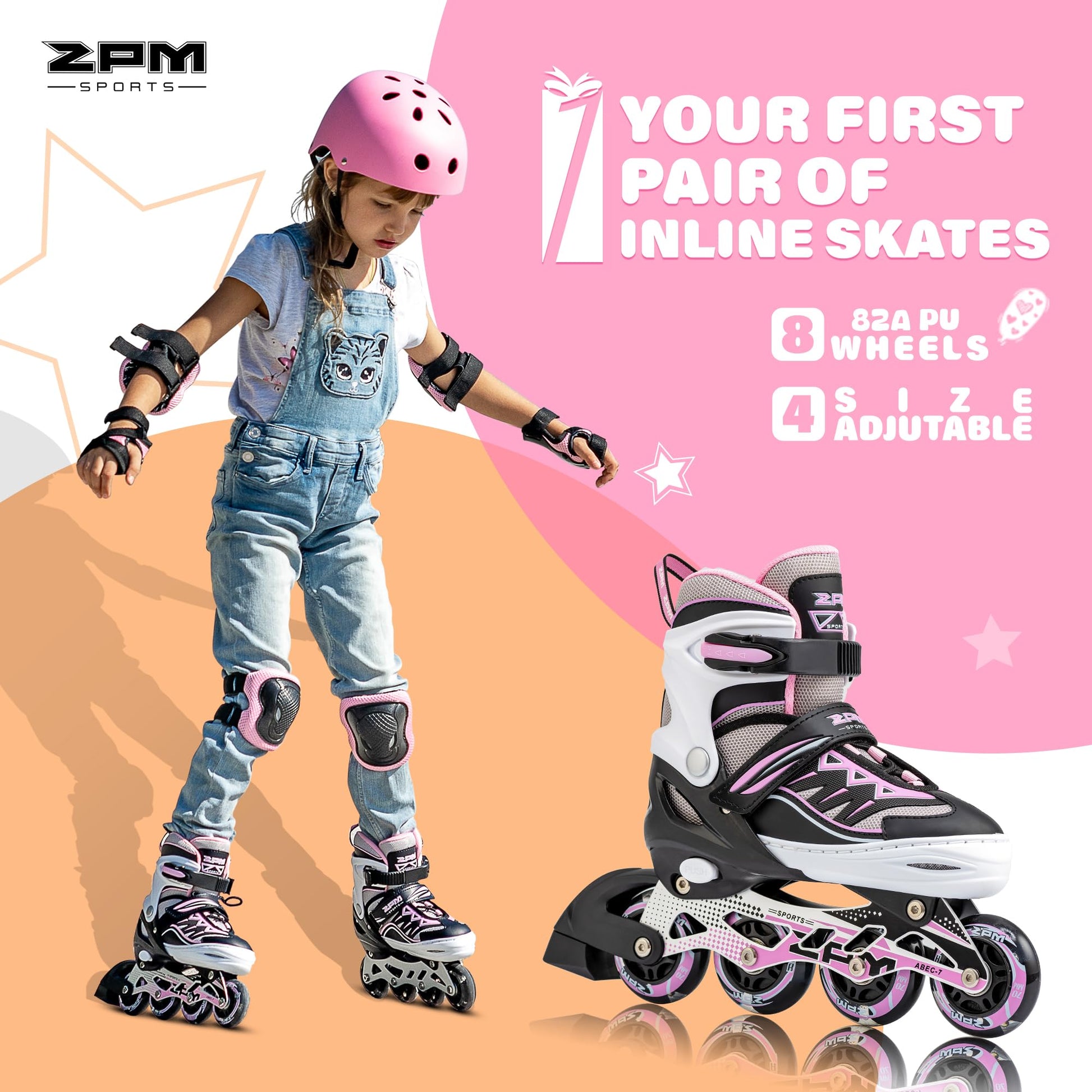 Pink 2pm Sports adjustable inline skates for kids, stylish beginner roller skates with a small size and adjustable fit for boys and girls.