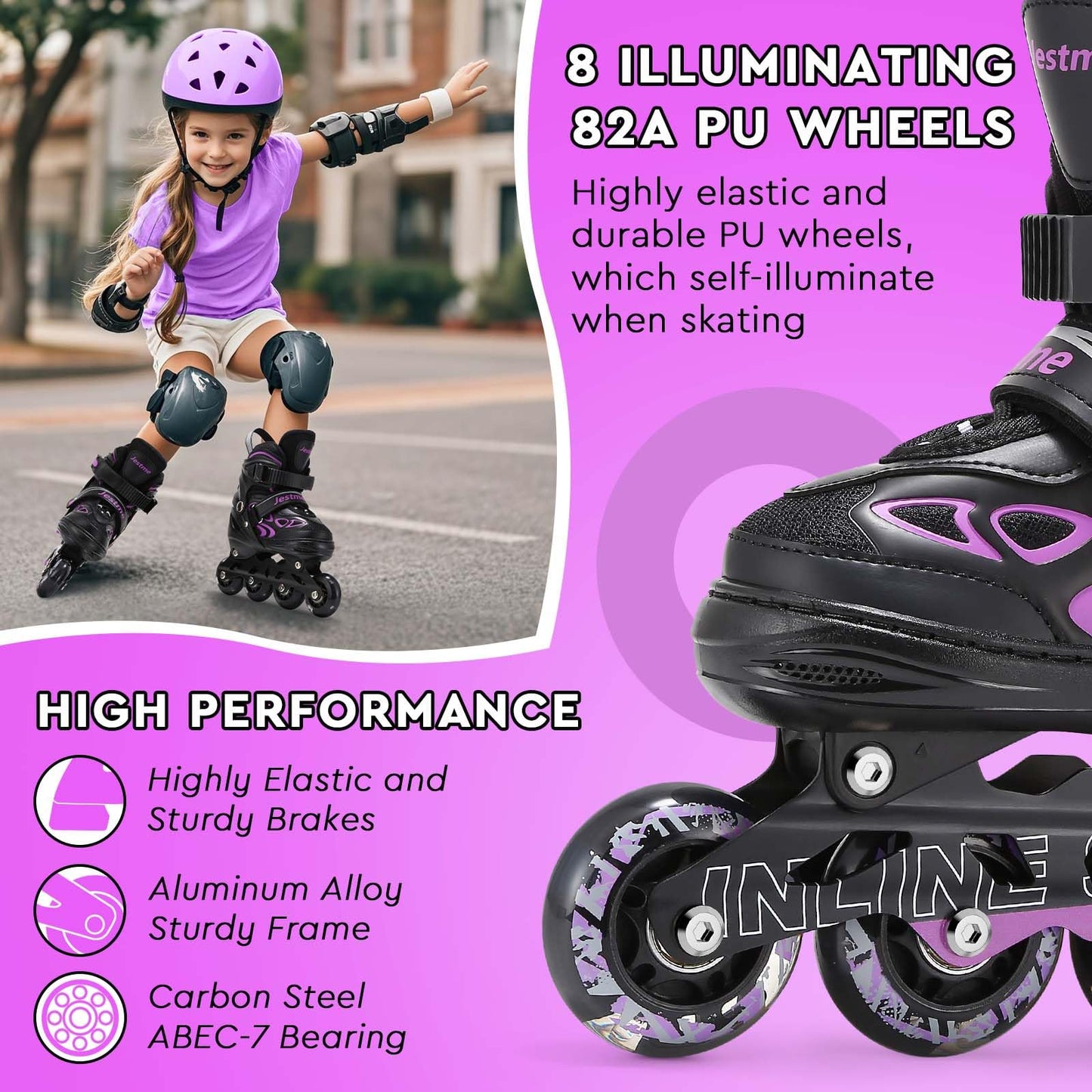 Light-up adjustable inline skates for kids by Jestme, suitable for beginners, with medium size (UK 1-4) and bright, colorful wheels.