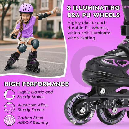 Light-up adjustable inline skates for kids by Jestme, suitable for beginners, with medium size (UK 1-4) and bright, colorful wheels.